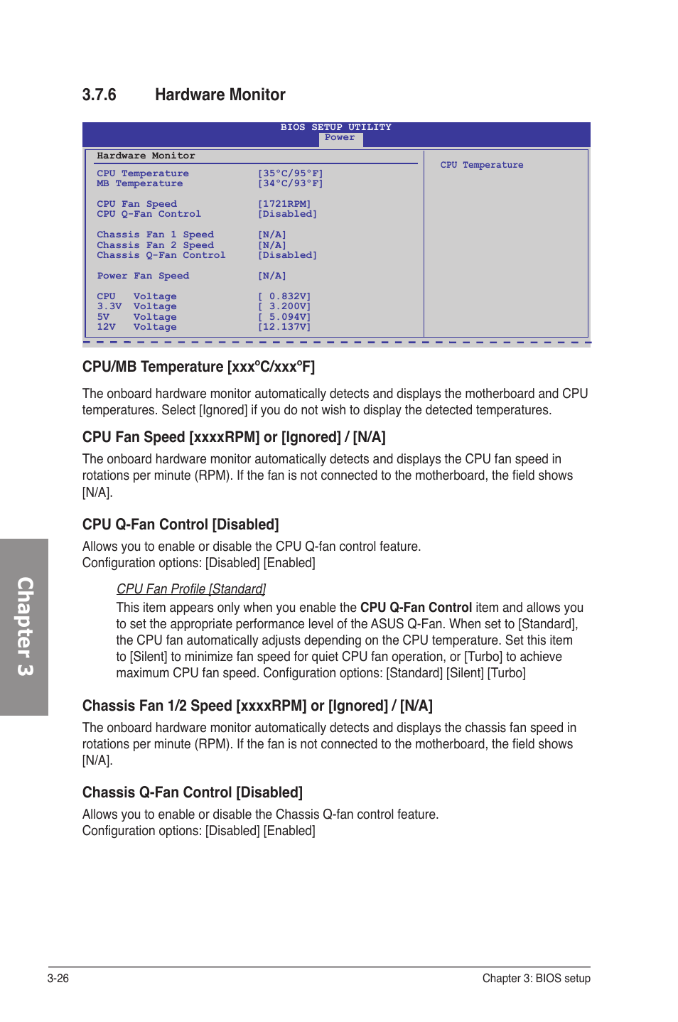 6 hardware monitor, Hardware monitor -26, Chapter 3 | Cpu/mb temperature [xxxºc/xxxºf, Cpu q-fan control [disabled, Chassis q-fan control [disabled | Asus P6T SE User Manual | Page 82 / 112