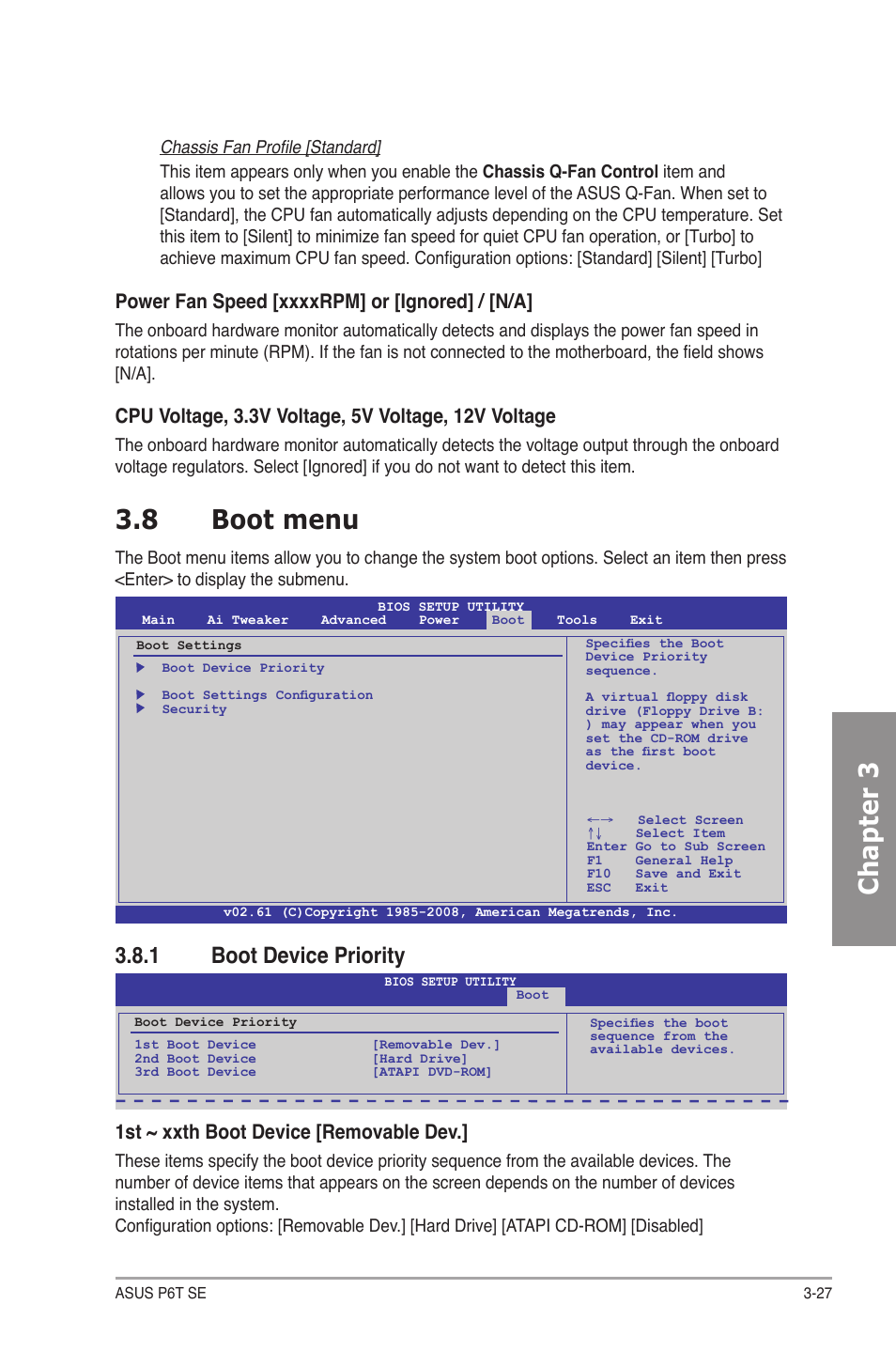 8 boot menu, 1 boot device priority, Boot menu -27 3.8.1 | Boot device priority -27, Chapter 3, 1st ~ xxth boot device [removable dev | Asus P6T SE User Manual | Page 83 / 112