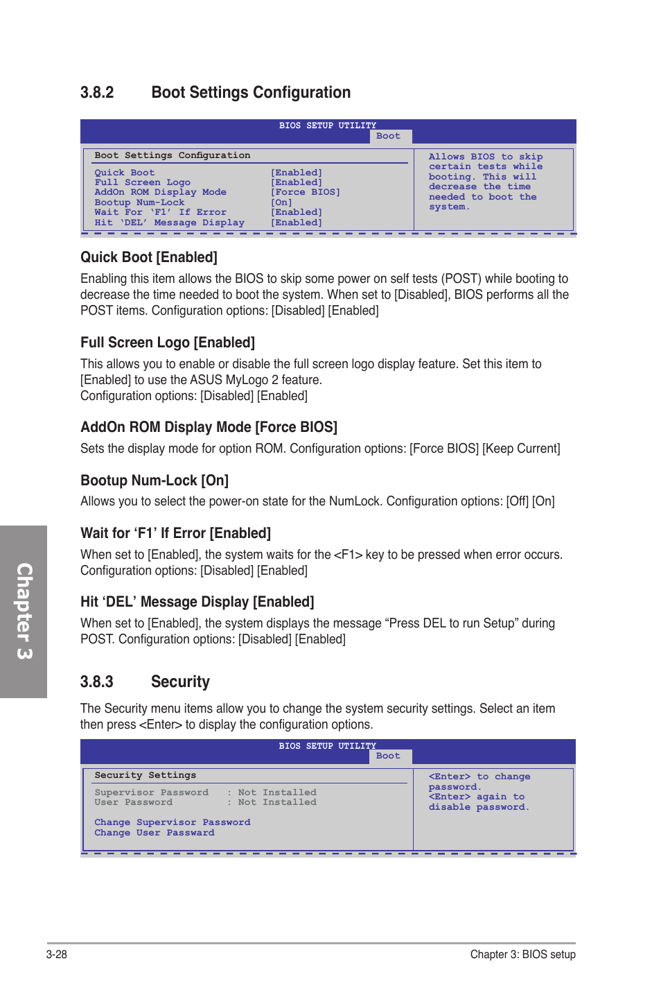 2 boot settings configuration, 3 security, Boot settings configuration -28 | Security -28, Chapter 3, Quick boot [enabled, Full screen logo [enabled, Addon rom display mode [force bios, Bootup num-lock [on, Wait for ‘f1’ if error [enabled | Asus P6T SE User Manual | Page 84 / 112