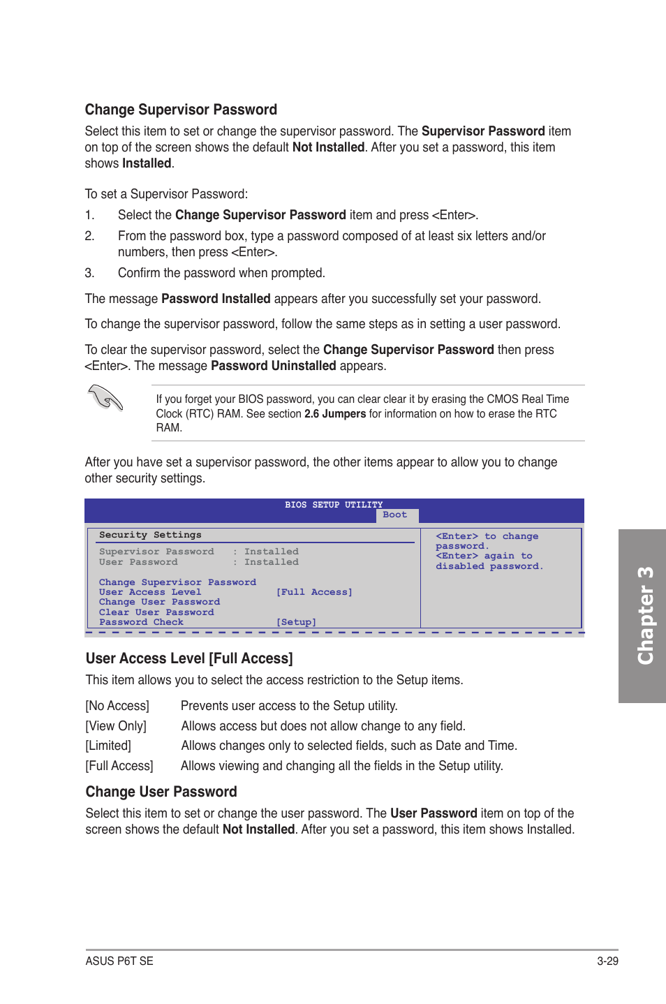 Chapter 3, Change supervisor password, User access level [full access | Change user password | Asus P6T SE User Manual | Page 85 / 112