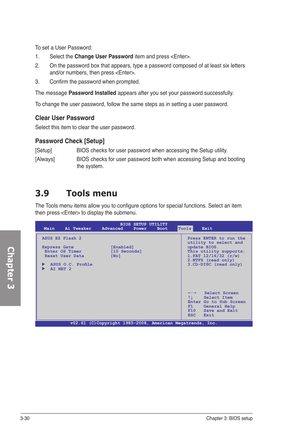 9 tools menu, Tools menu -30, Chapter 3 3.9 tools menu | Clear user password, Password check [setup | Asus P6T SE User Manual | Page 86 / 112