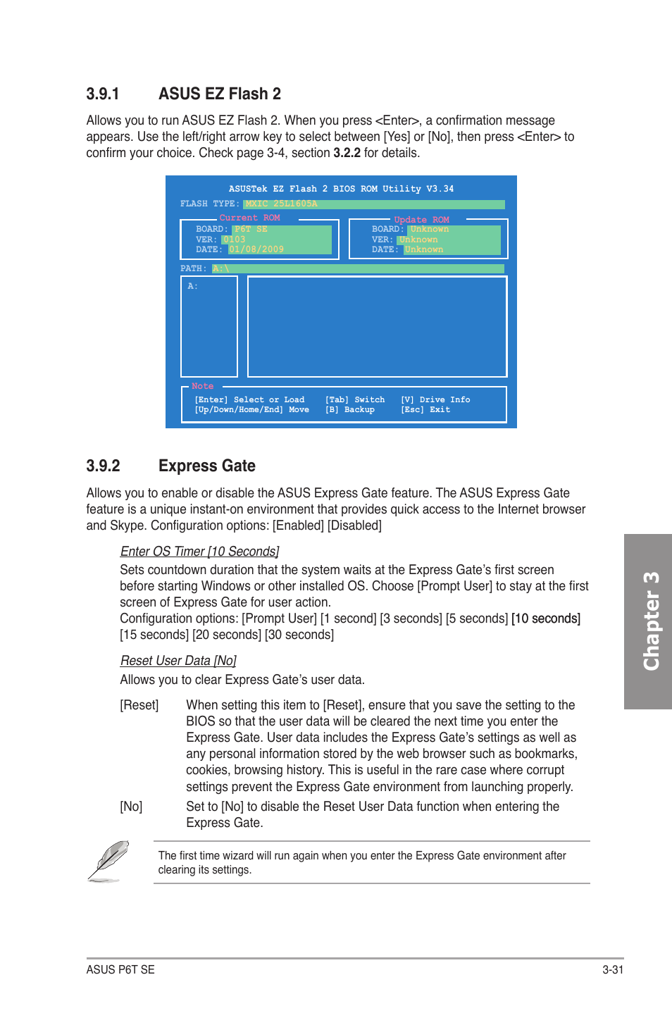 1 asus ez flash 2, 2 express gate, Asus ez flash 2 -31 | Express gate -31, Chapter 3 | Asus P6T SE User Manual | Page 87 / 112