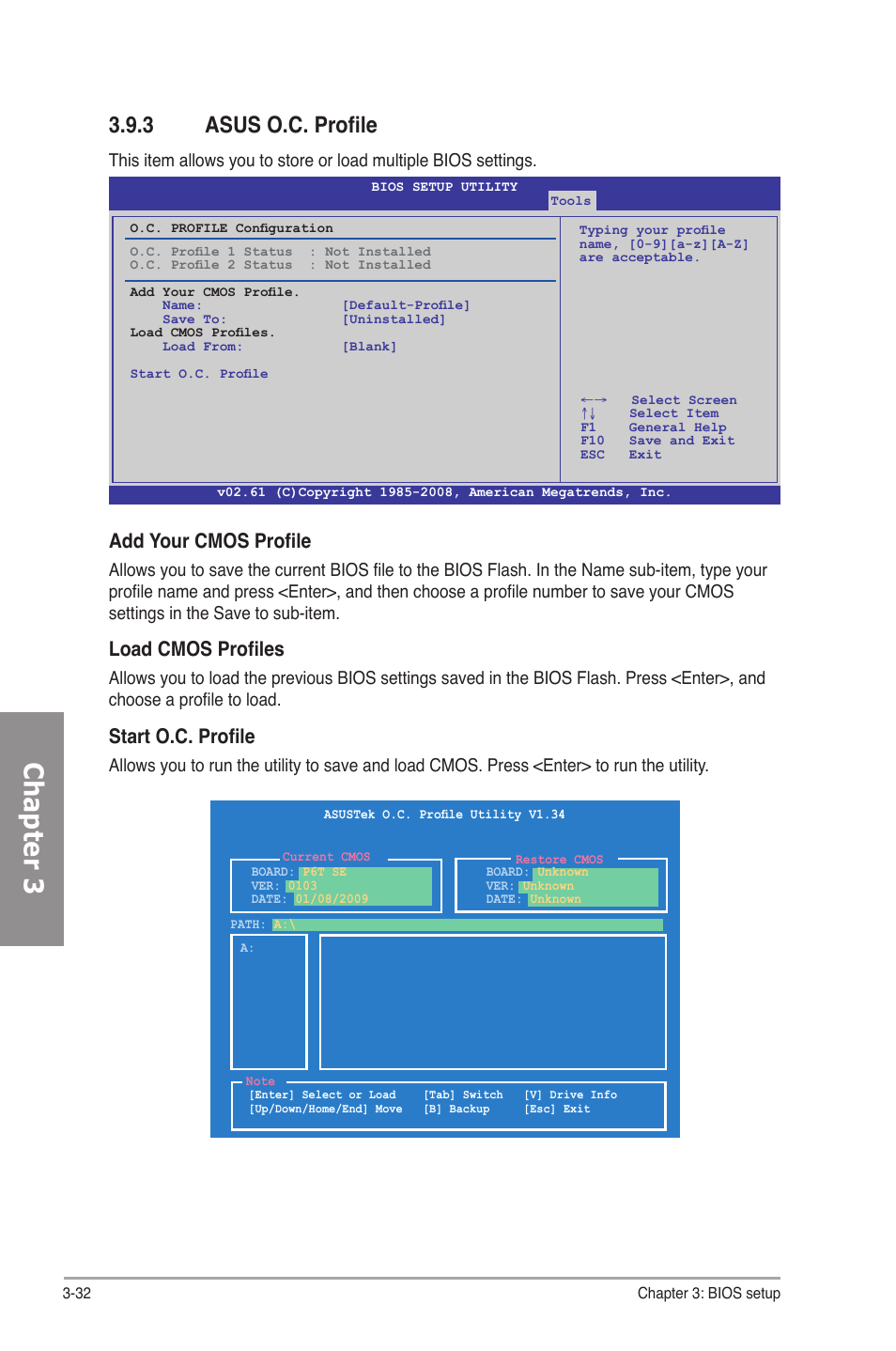 3 asus o.c. profile, Asus o.c. profile -32, Chapter 3 | Add your cmos profile, Load cmos profiles, Start o.c. profile | Asus P6T SE User Manual | Page 88 / 112