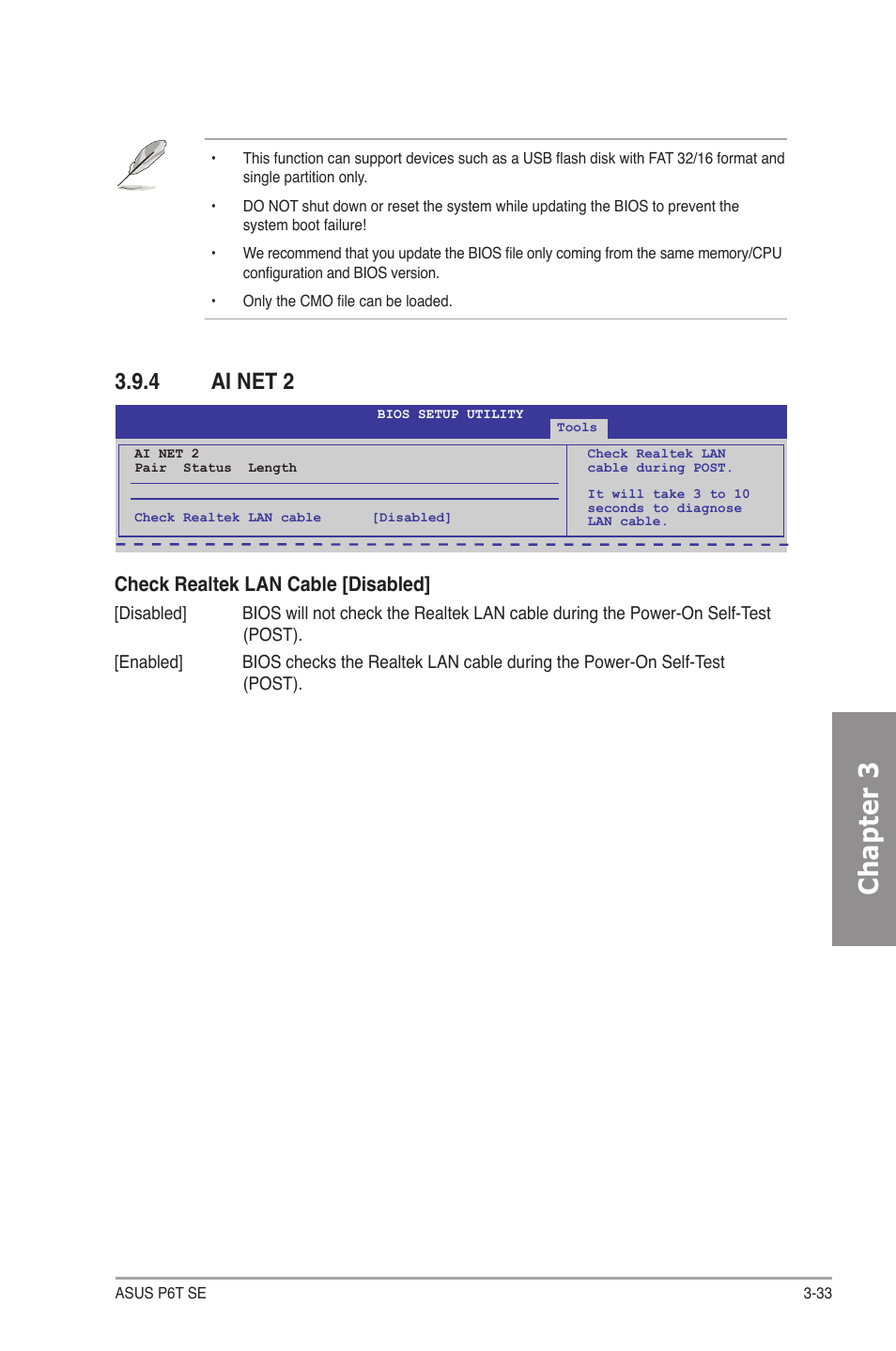 4 ai net 2, Ai net 2 -33, Chapter 3 | Check realtek lan cable [disabled | Asus P6T SE User Manual | Page 89 / 112