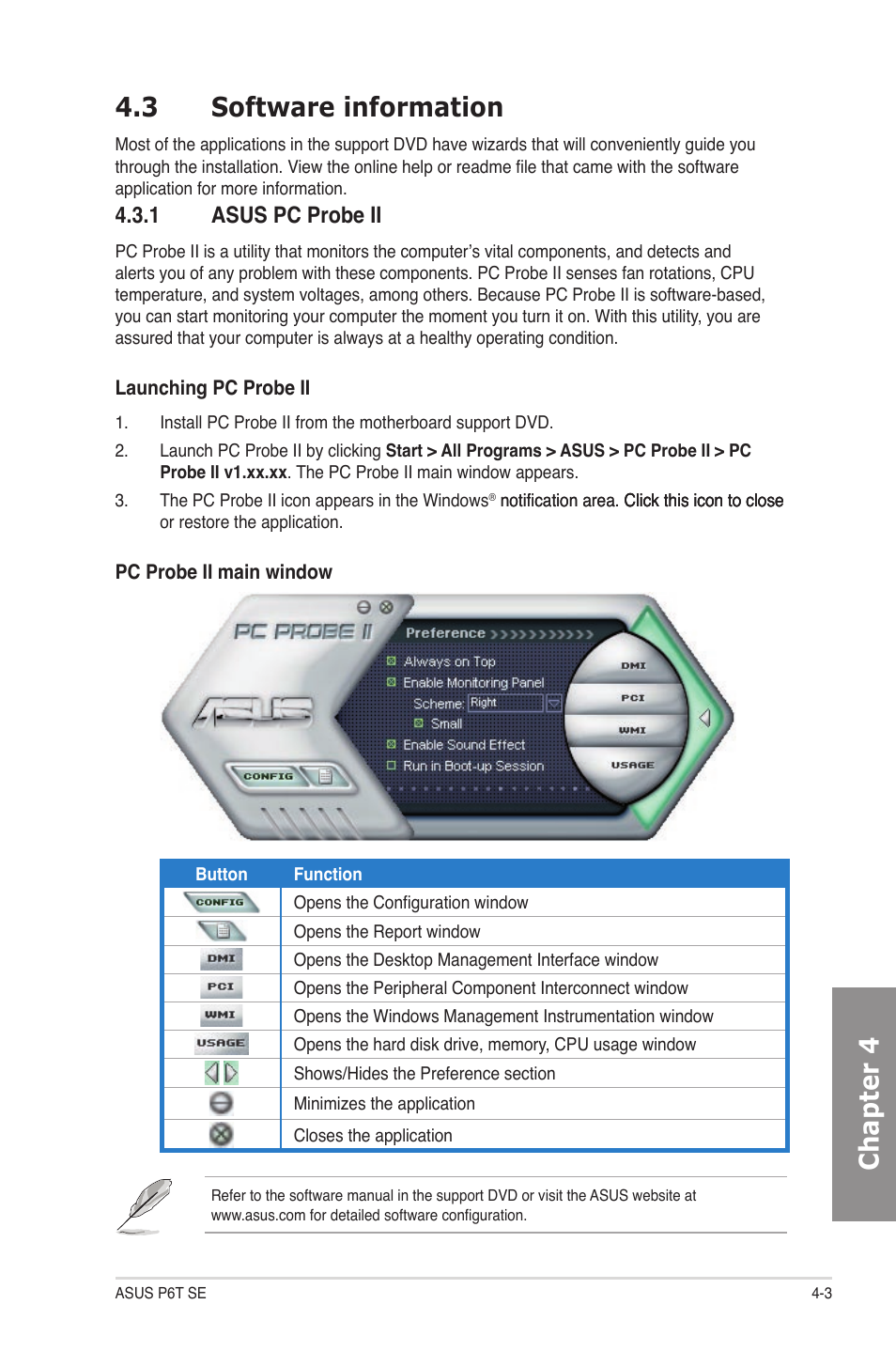 3 software information, 1 asus pc probe ii, Software information -3 4.3.1 | Asus pc probe ii -3, Chapter 4 4.3 software information | Asus P6T SE User Manual | Page 93 / 112