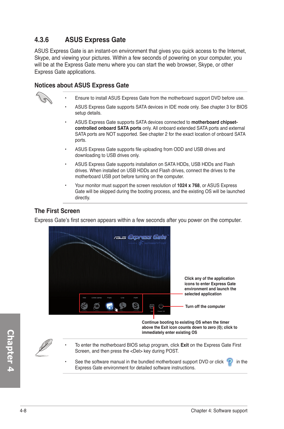 6 asus express gate ssd / asus express gate, Asus express gate -8, Chapter 4 | 6 asus express gate, Notices about asus express gate, The first screen | Asus P6T SE User Manual | Page 98 / 112