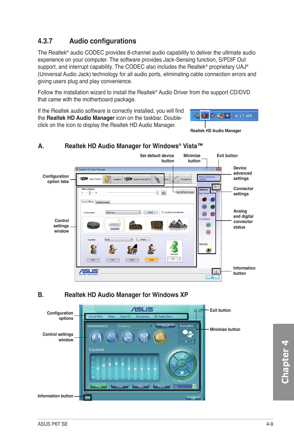 7 audio configurations, Audio configurations -9, Chapter 4 | A. realtek hd audio manager for windows, Vista, B. realtek hd audio manager for windows xp | Asus P6T SE User Manual | Page 99 / 112