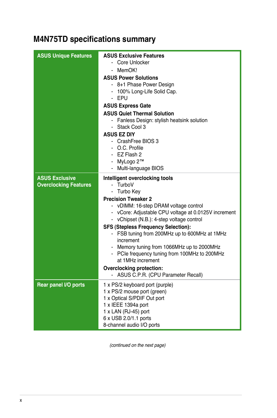 M4n75td specifications summary | Asus M4N75TD User Manual | Page 10 / 78