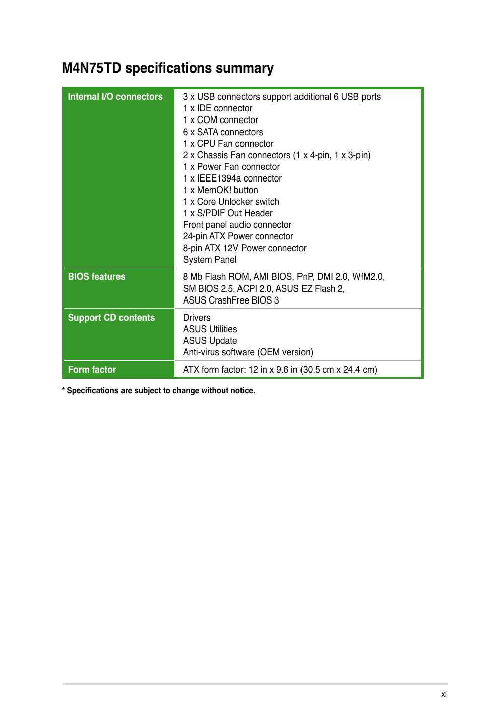 M4n75td specifications summary | Asus M4N75TD User Manual | Page 11 / 78