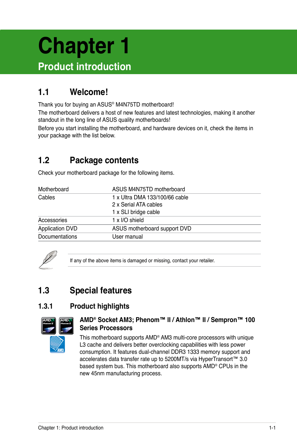Chapter 1 product introduction, 1 welcome, 2 package contents | 3 special features, 1 product highlights, Chapter 1, Product introduction, Welcome! -1, Package contents -1, Special features -1 1.3.1 | Asus M4N75TD User Manual | Page 13 / 78