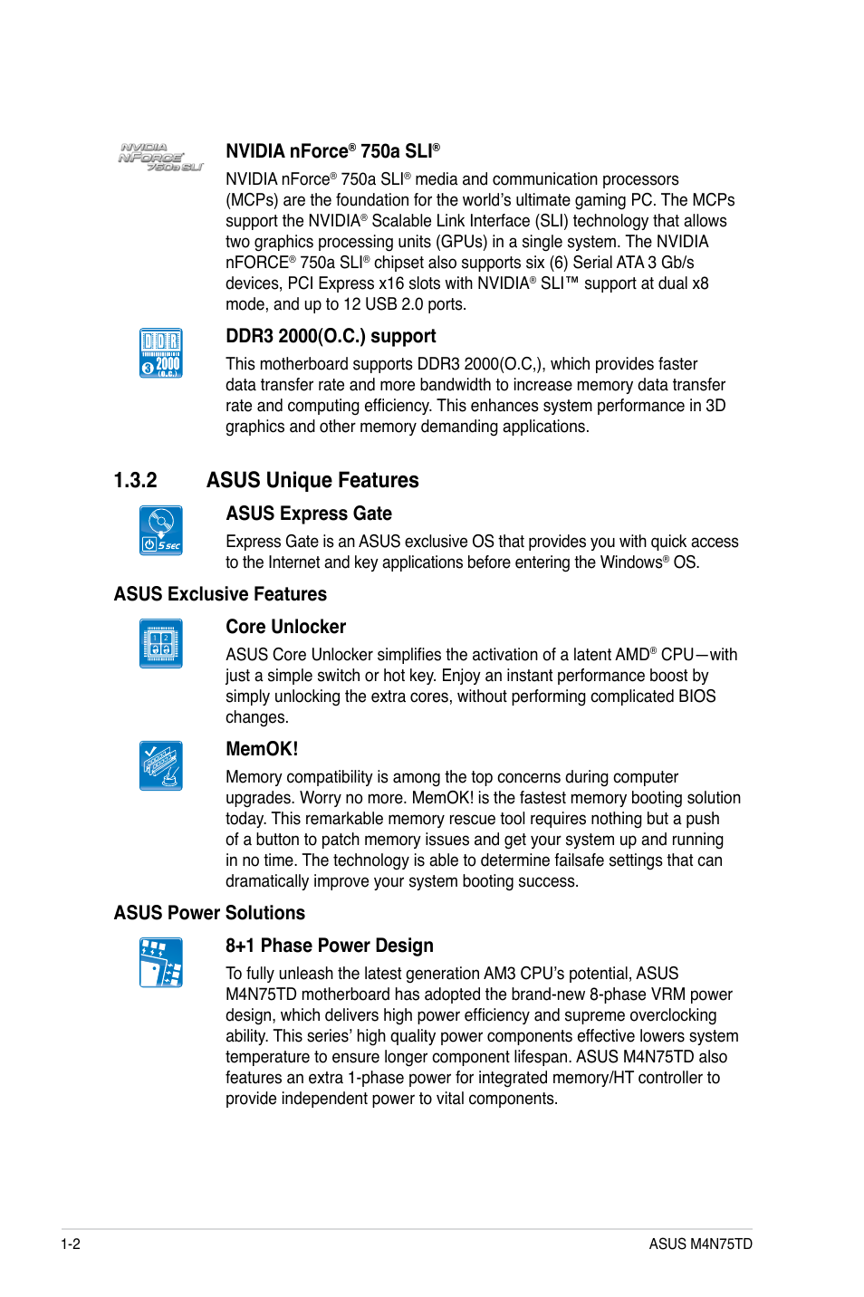 2 asus unique features, Asus unique features -2 | Asus M4N75TD User Manual | Page 14 / 78