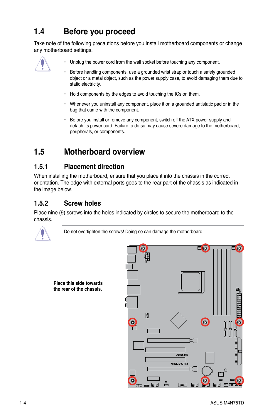 4 before you proceed, 5 motherboard overview, 1 placement direction | 2 screw holes, Before you proceed -4, Motherboard overview -4 1.5.1, Placement direction -4, Screw holes -4 | Asus M4N75TD User Manual | Page 16 / 78