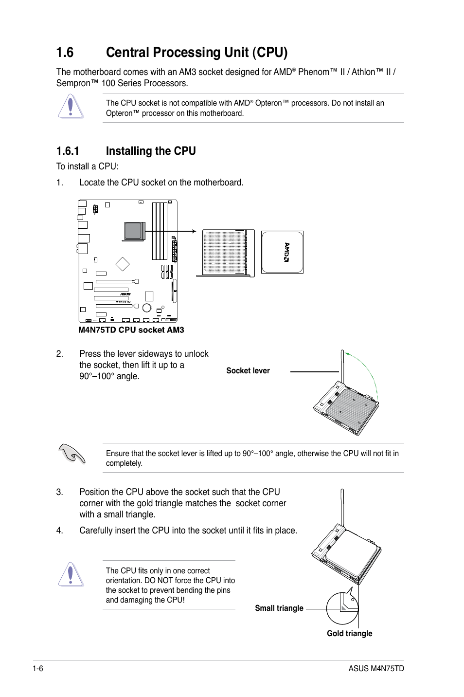 6 central processing unit (cpu), 1 installing the cpu, Central processing unit (cpu) -6 1.6.1 | Installing the cpu -6 | Asus M4N75TD User Manual | Page 18 / 78