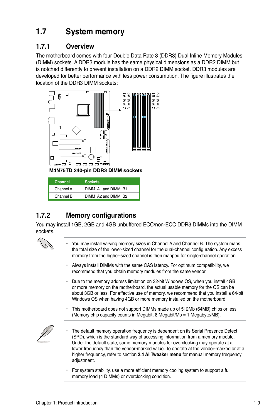 7 system memory, 1 overview, 2 memory configurations | System memory -9 1.7.1, Overview -9, Memory configurations -9 | Asus M4N75TD User Manual | Page 21 / 78