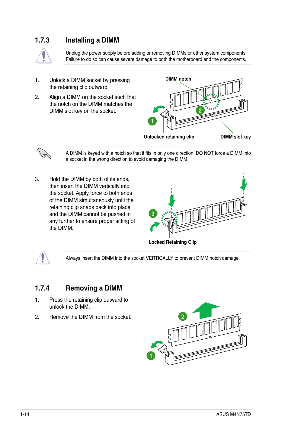 3 installing a dimm, 4 removing a dimm, Installing a dimm -14 | Removing a dimm -14 | Asus M4N75TD User Manual | Page 26 / 78