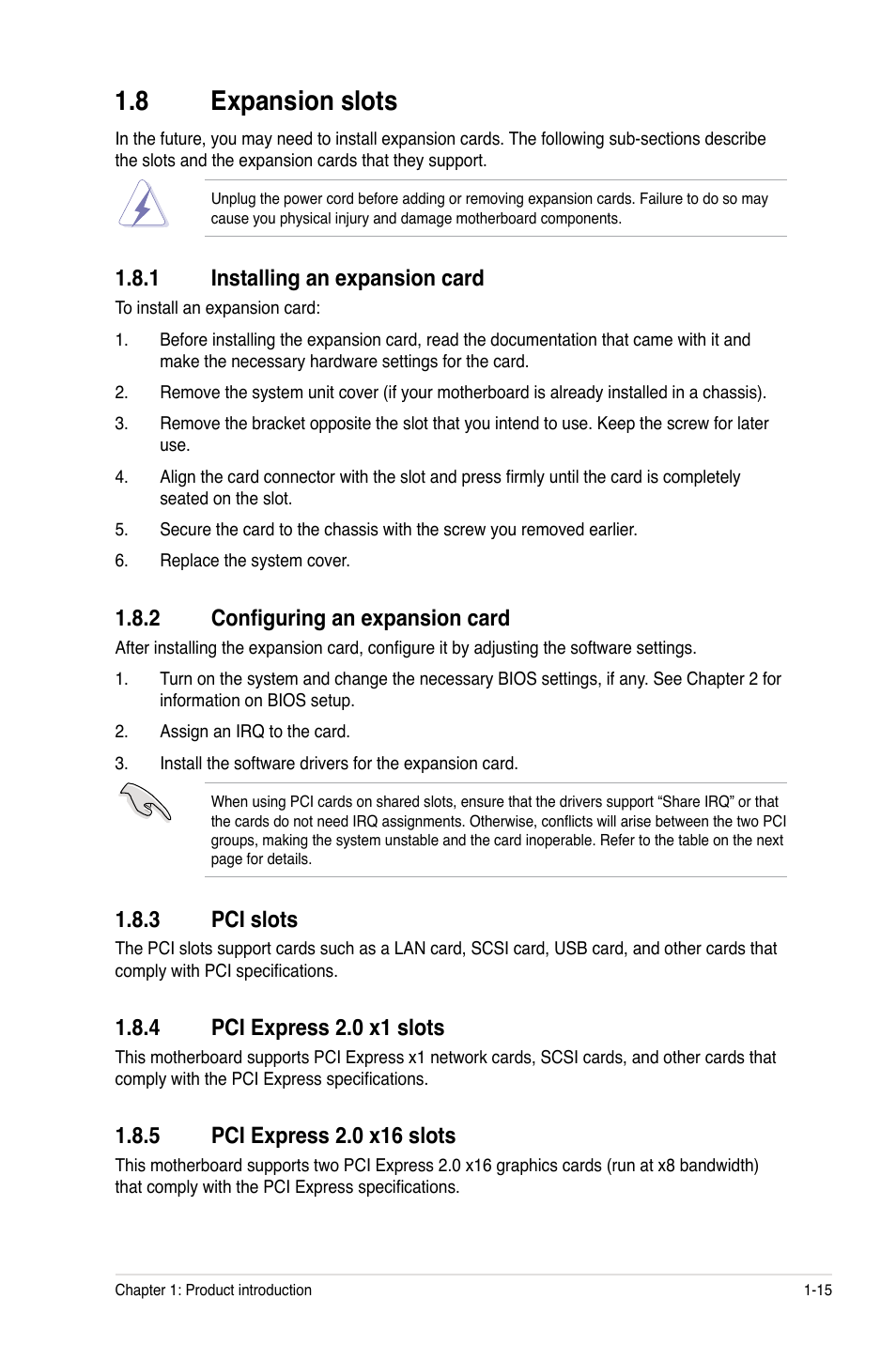 8 expansion slots, 1 installing an expansion card, 2 configuring an expansion card | 3 pci slots, 4 pci express 2.0 x1 slots, 5 pci express 2.0 x16 slots, Expansion slots -15 1.8.1, Installing an expansion card -15, Configuring an expansion card -15, Pci slots -15 | Asus M4N75TD User Manual | Page 27 / 78