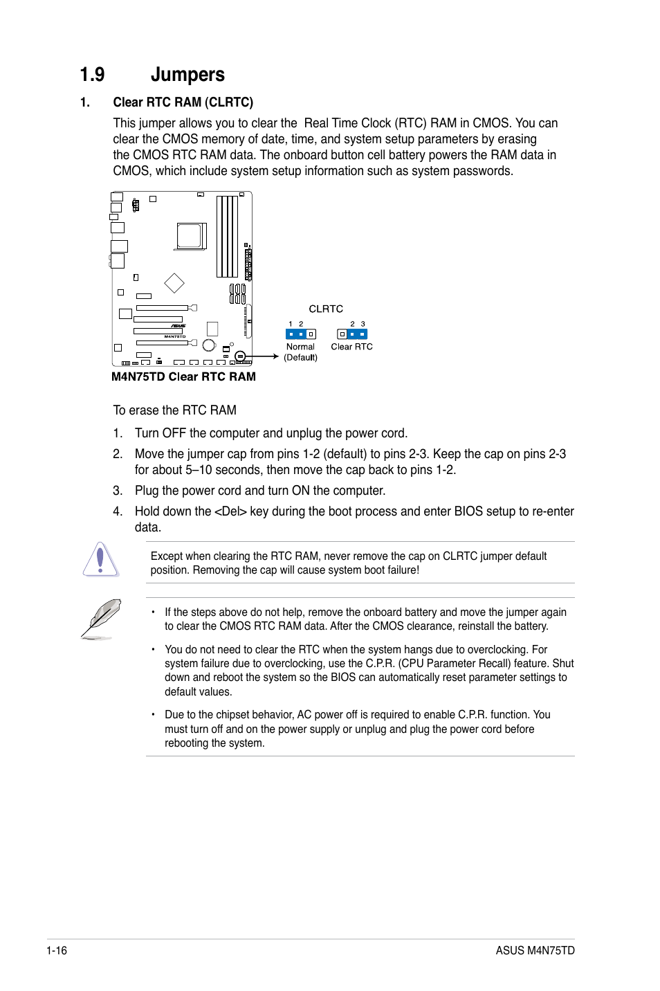 9 jumpers, Jumpers -16 | Asus M4N75TD User Manual | Page 28 / 78