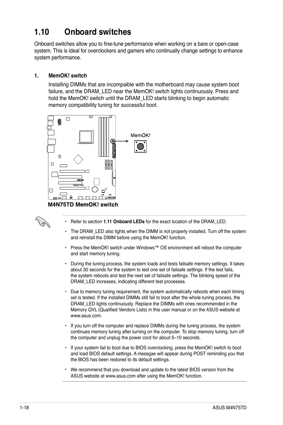 10 onboard switches, 10 onboard switches -18 | Asus M4N75TD User Manual | Page 30 / 78