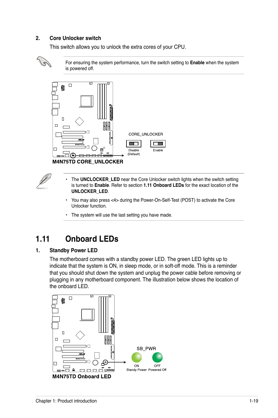 11 onboard leds, 11 onboard leds -19 | Asus M4N75TD User Manual | Page 31 / 78