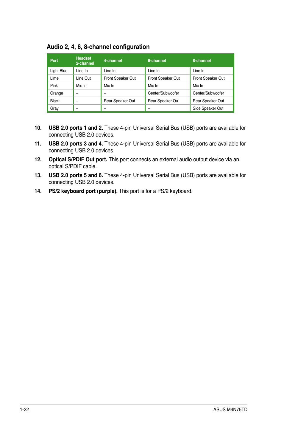 Audio 2, 4, 6, 8-channel configuration | Asus M4N75TD User Manual | Page 34 / 78