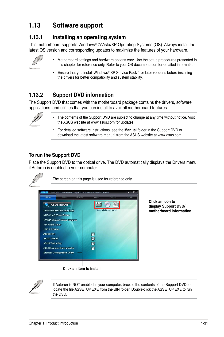 13 software support, 1 installing an operating system, 2 support dvd information | 13 software support -31 | Asus M4N75TD User Manual | Page 43 / 78