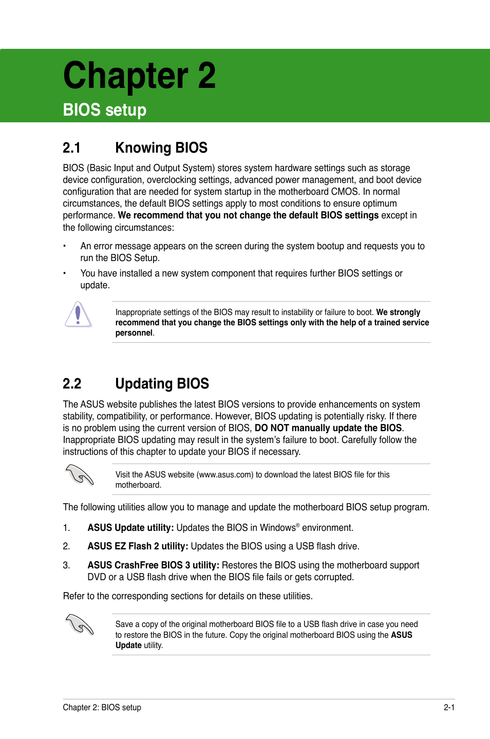 Chapter 2 bios information, 1 knowing bios, 2 updating bios | Knowing bios -1, Updating bios -1 2.2.1, Asus update utility -2, Asus ez flash 2 utility -3, Asus crashfree bios 3 utility -4, Bios setup program -5 2.3.1, Bios menu screen -6 | Asus M4N75TD User Manual | Page 51 / 78