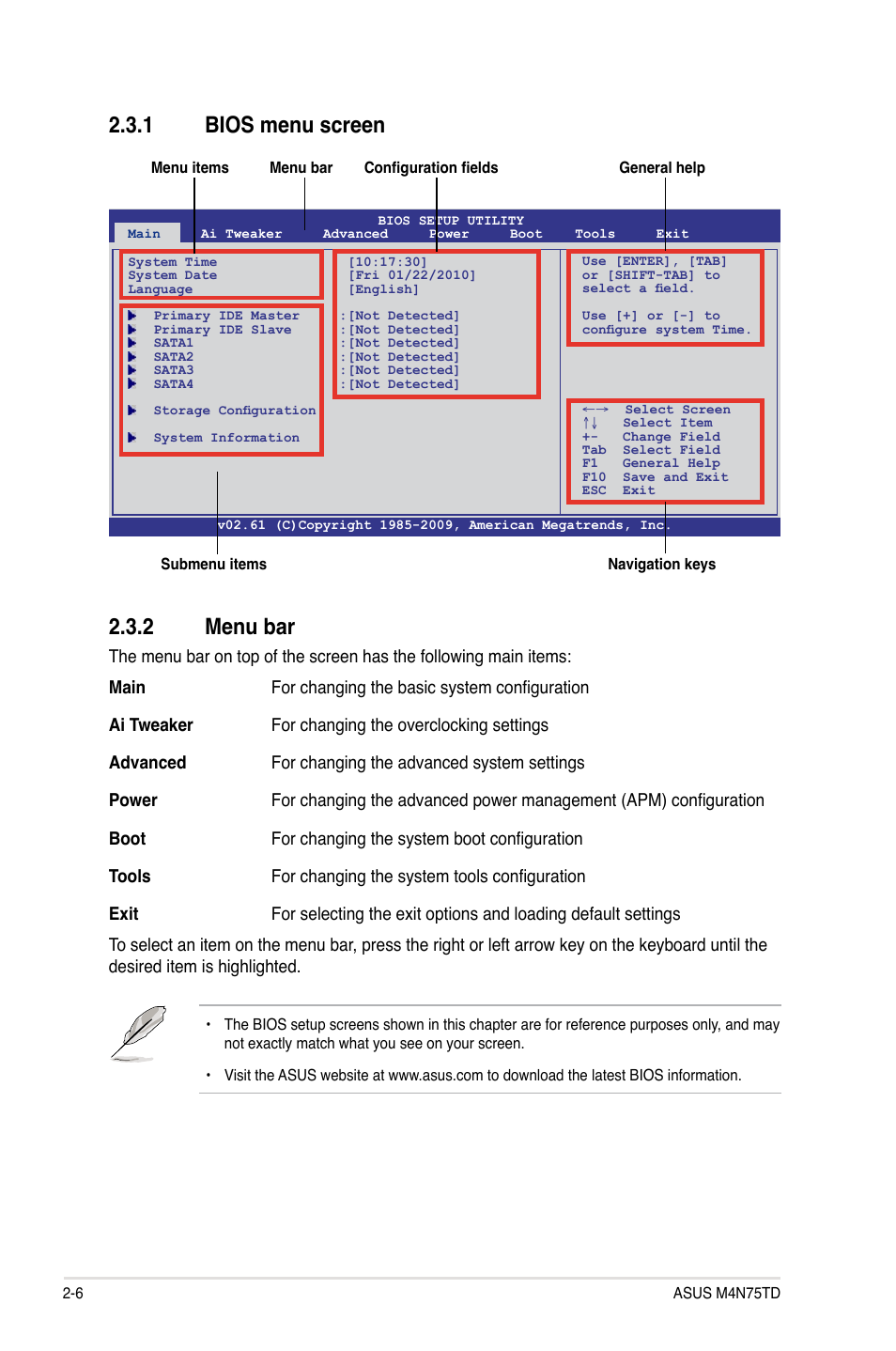 1 bios menu screen, 2 menu bar, 1 bios menu screen 2.3.2 menu bar | Asus M4N75TD User Manual | Page 56 / 78