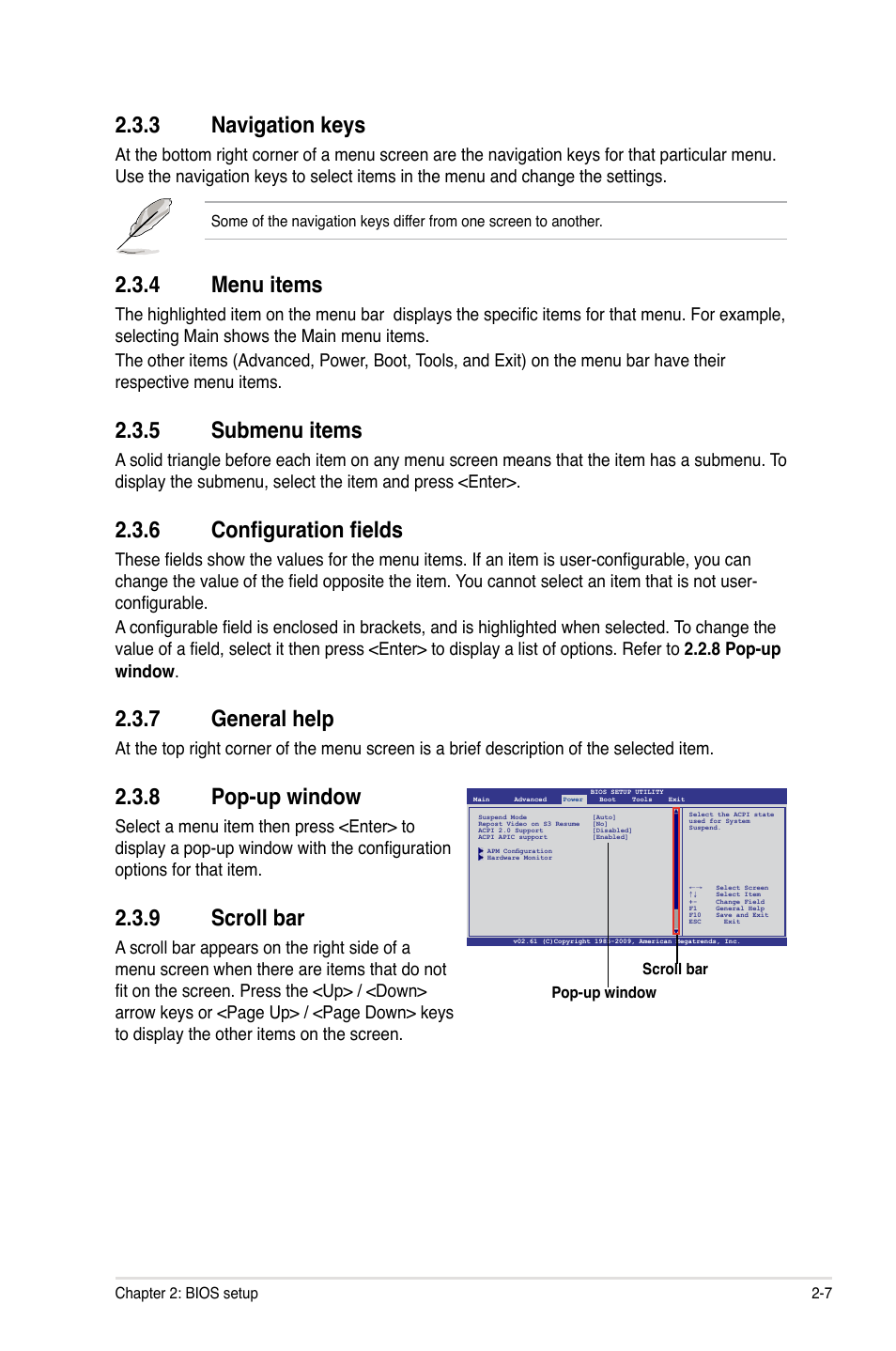 3 navigation keys, 4 menu items, 5 submenu items | 6 configuration fields, 7 general help, 8 pop-up window, 9 scroll bar | Asus M4N75TD User Manual | Page 57 / 78