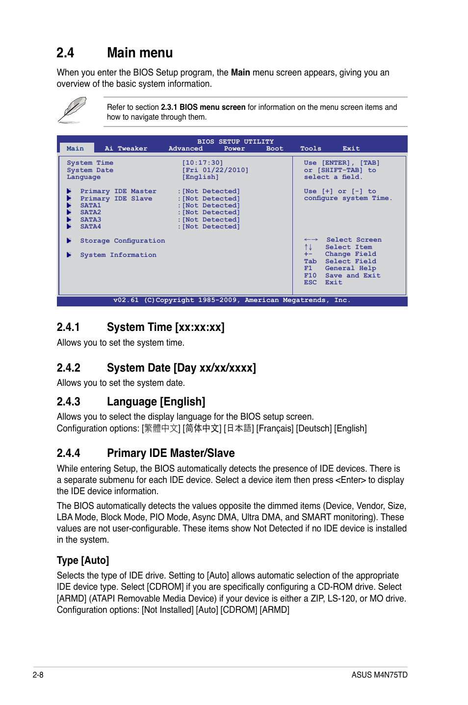 4 main menu, 1 system time [xx:xx:xx, 2 system date [day xx/xx/xxxx | 3 language [english, 4 primary ide master/slave, Type [auto | Asus M4N75TD User Manual | Page 58 / 78