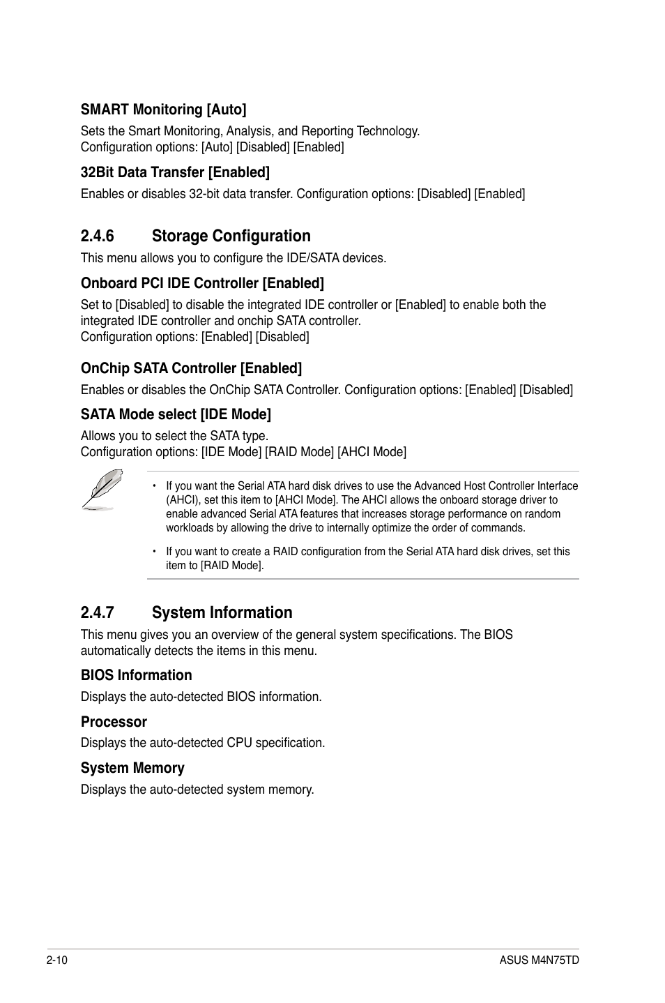 6 storage configuration, 7 system information | Asus M4N75TD User Manual | Page 60 / 78