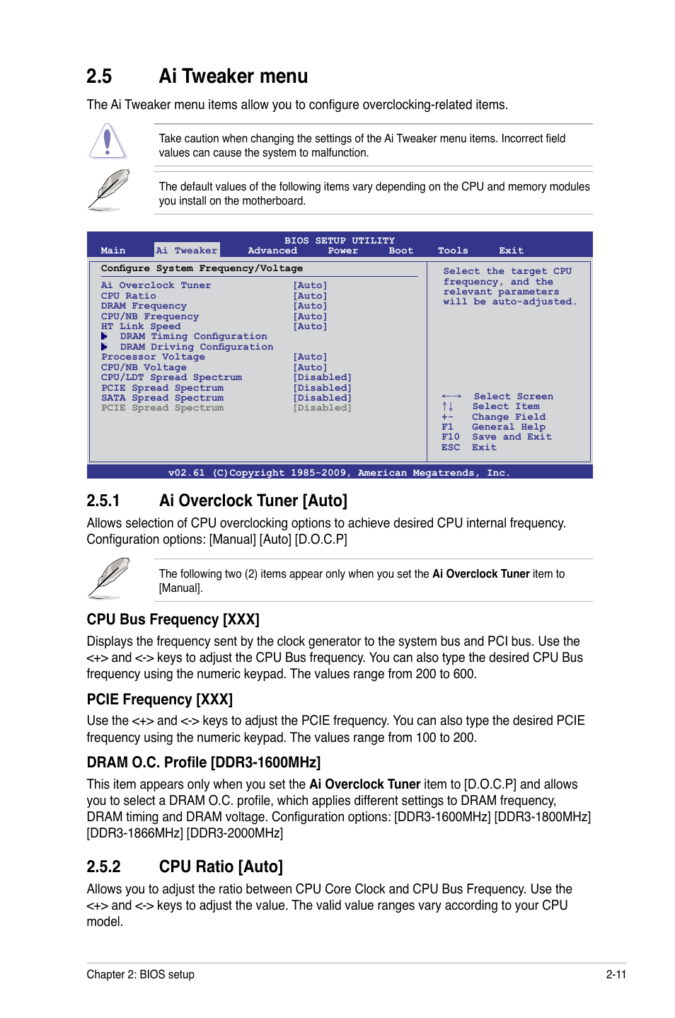 5 ai tweaker menu, 1 ai overclock tuner [auto, 2 cpu ratio [auto | Cpu bus frequency [xxx, Pcie frequency [xxx | Asus M4N75TD User Manual | Page 61 / 78
