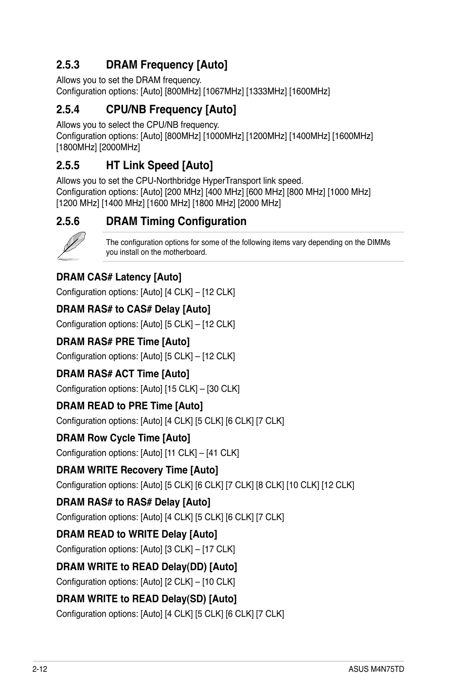 3 dram frequency [auto, 4 cpu/nb frequency [auto, 5 ht link speed [auto | 6 dram timing configuration | Asus M4N75TD User Manual | Page 62 / 78