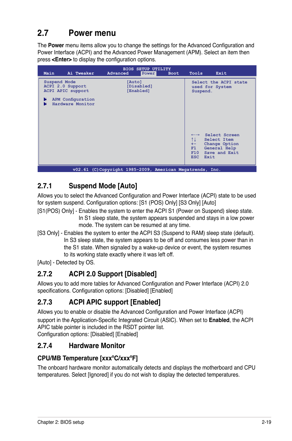 7 power menu, 1 suspend mode [auto, 2 acpi 2.0 support [disabled | 3 acpi apic support [enabled, 4 hardware monitor | Asus M4N75TD User Manual | Page 69 / 78