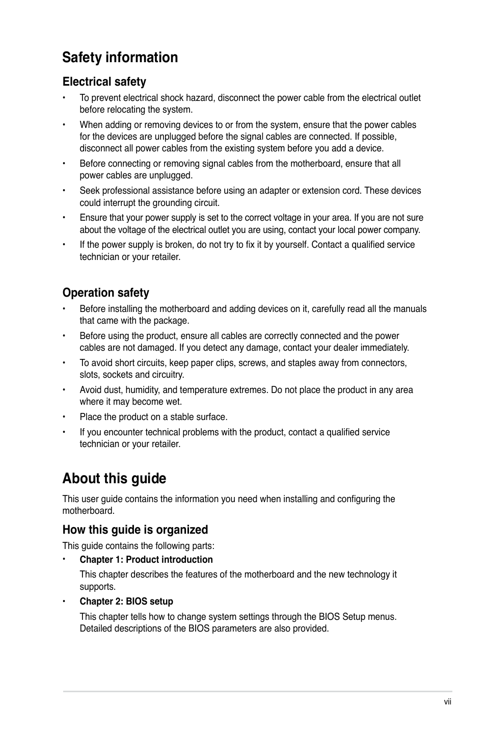 Safety information, About this guide, Electrical safety | Operation safety, How this guide is organized | Asus M4N75TD User Manual | Page 7 / 78