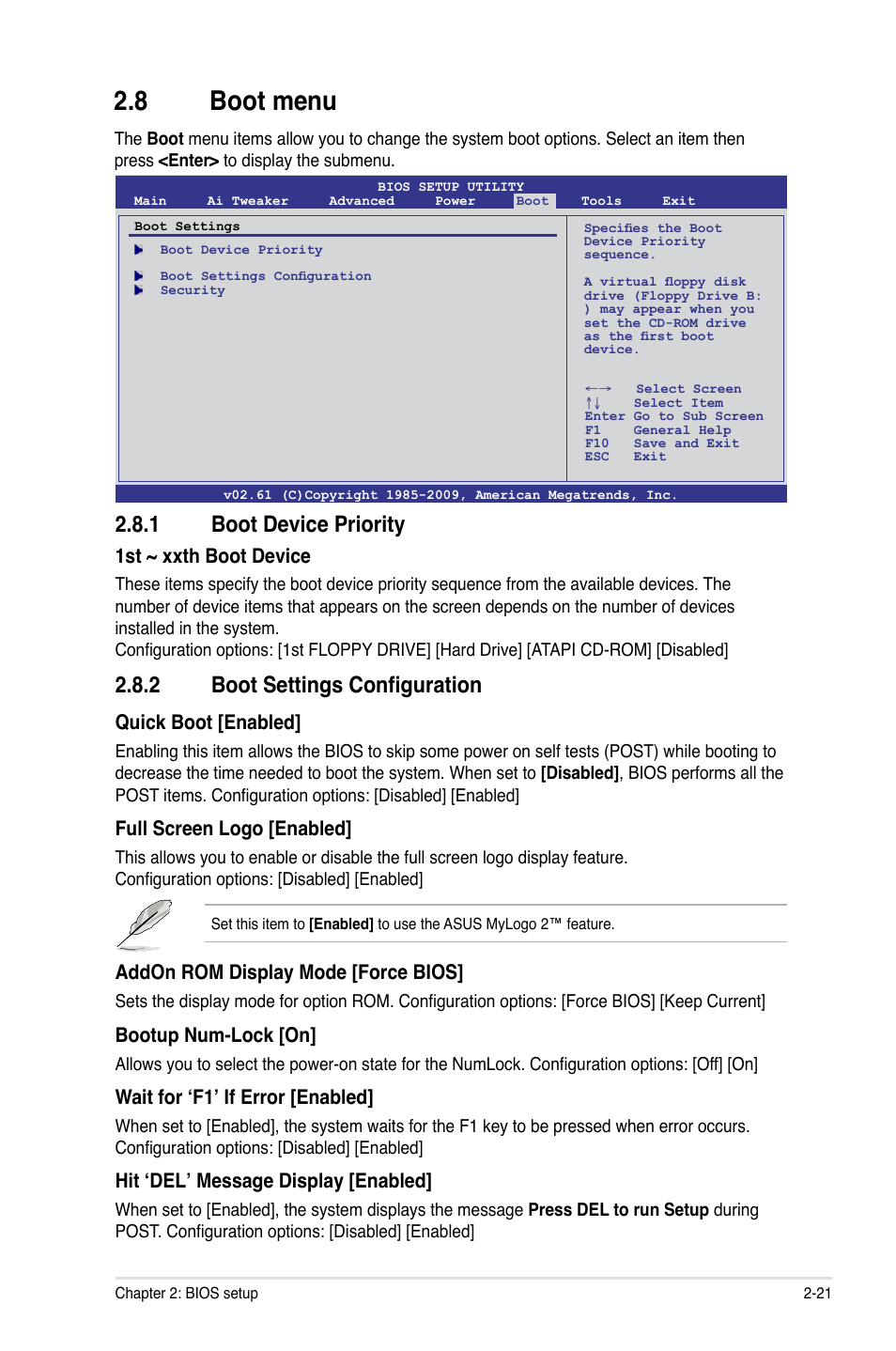 8 boot menu, 1 boot device priority, 2 boot settings configuration | 1st ~ xxth boot device, Quick boot [enabled, Full screen logo [enabled, Addon rom display mode [force bios, Bootup num-lock [on, Wait for ‘f1’ if error [enabled, Hit ‘del’ message display [enabled | Asus M4N75TD User Manual | Page 71 / 78