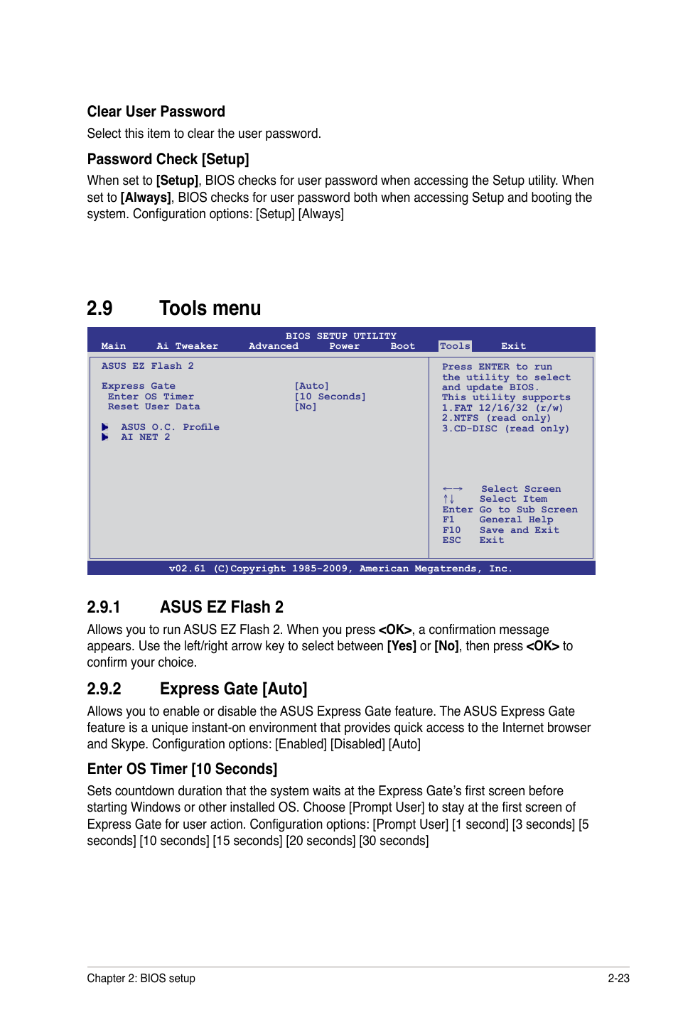 9 tools menu, 1 asus ez flash 2, 2 express gate [auto | Clear user password, Password check [setup, Enter os timer [10 seconds | Asus M4N75TD User Manual | Page 73 / 78