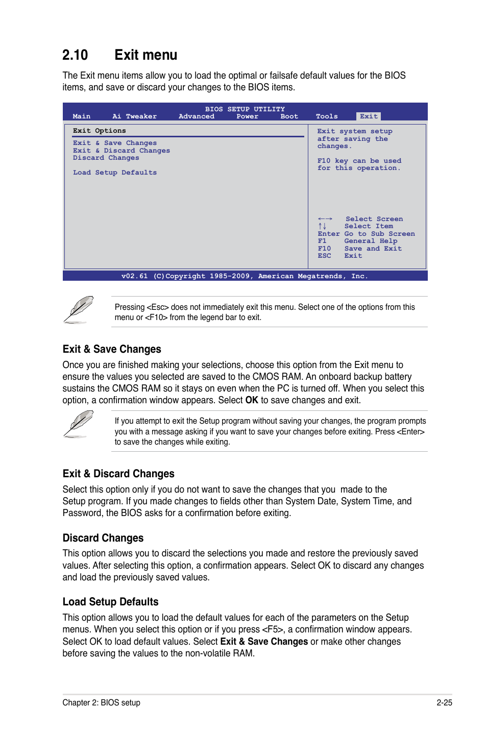 10 exit menu, Exit & save changes, Exit & discard changes | Discard changes, Load setup defaults | Asus M4N75TD User Manual | Page 75 / 78