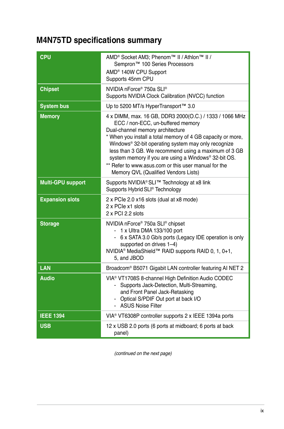 M4n75td specifications summary | Asus M4N75TD User Manual | Page 9 / 78