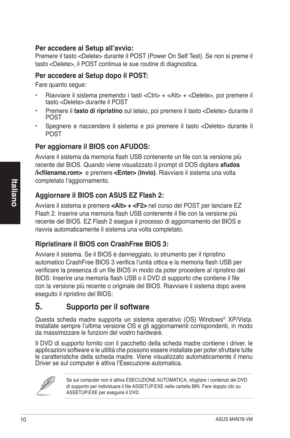 Italiano, Supporto per il software | Asus M4N78-VM User Manual | Page 10 / 38