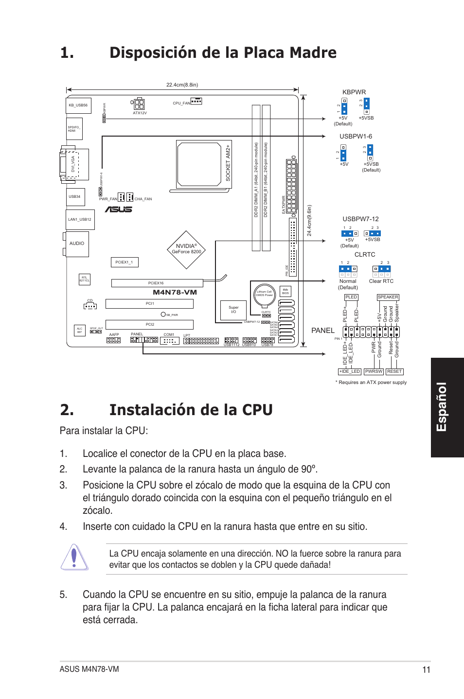 Español, Asus m4n78-vm, Panel | Asus M4N78-VM User Manual | Page 11 / 38