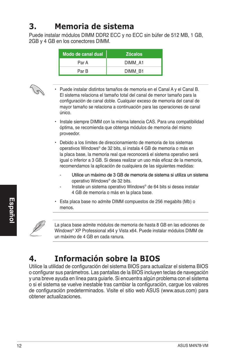 Información sobre la bios, Español | Asus M4N78-VM User Manual | Page 12 / 38