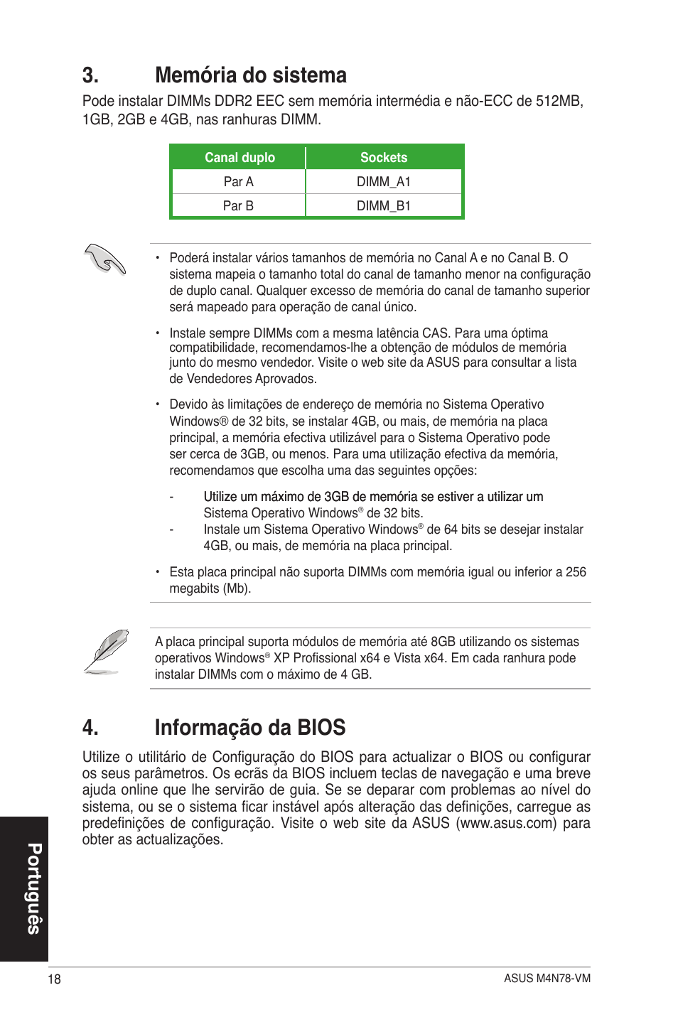 Memória do sistema, Informação da bios, Português | Asus M4N78-VM User Manual | Page 18 / 38