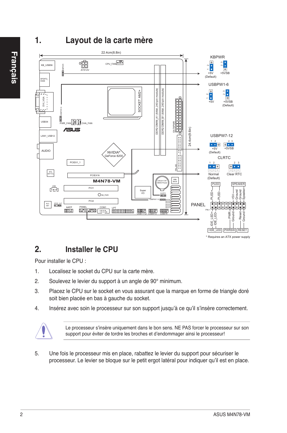 Layout de la carte mère 2, Français, Installer le cpu | 2asus m4n78-vm, Panel | Asus M4N78-VM User Manual | Page 2 / 38