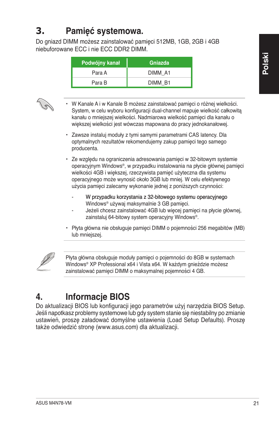 Pamięć systemowa, Informacje bios, Polski | Asus M4N78-VM User Manual | Page 21 / 38