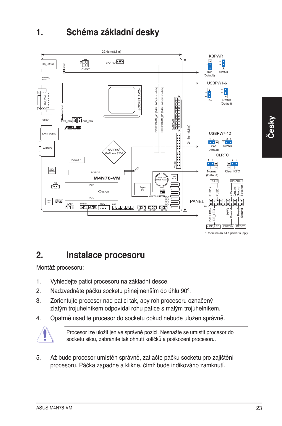 Schéma základní desky 2. instalace procesoru, Česky, Asus m4n78-vm | Panel | Asus M4N78-VM User Manual | Page 23 / 38