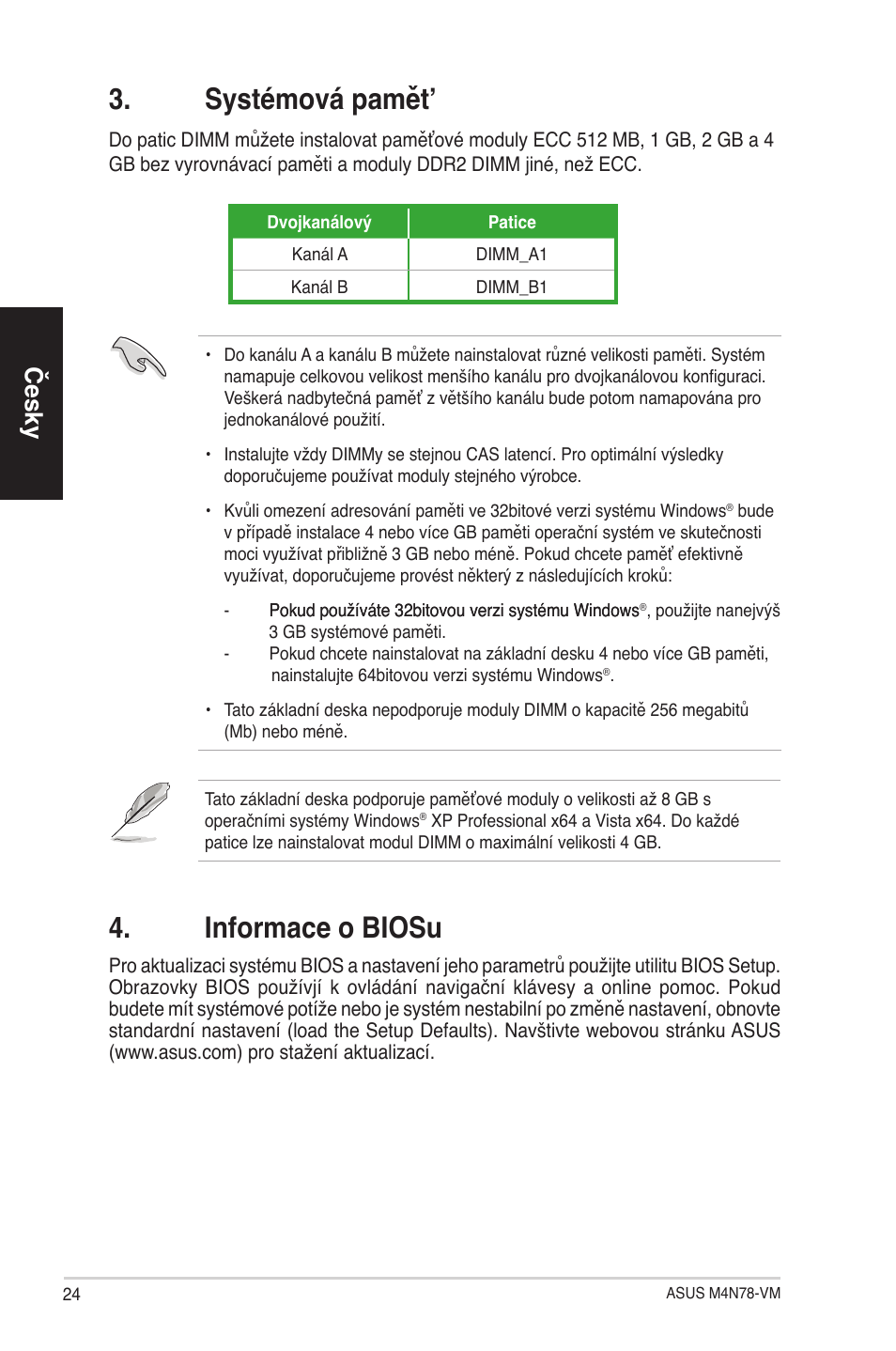Systémová pamět, Informace o biosu, Česky | Asus M4N78-VM User Manual | Page 24 / 38