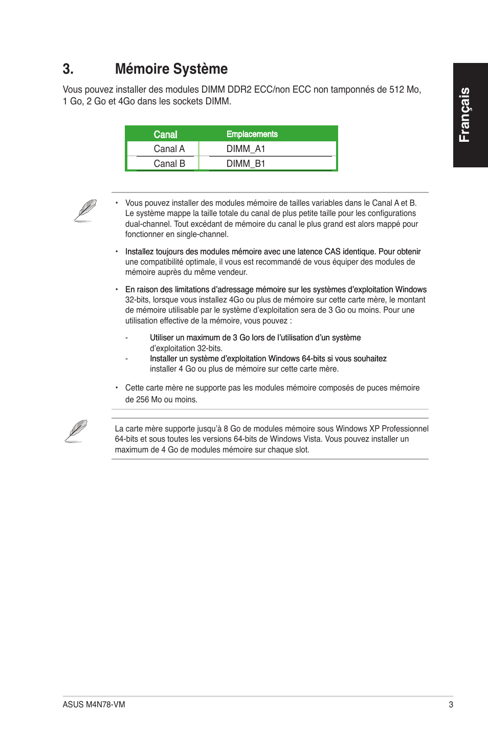 Mémoire système, Français | Asus M4N78-VM User Manual | Page 3 / 38