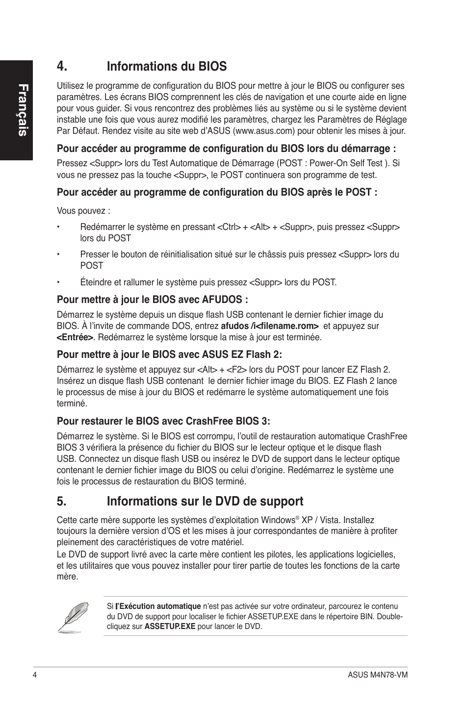 Français, Informations du bios, Informations sur le dvd de support | Asus M4N78-VM User Manual | Page 4 / 38