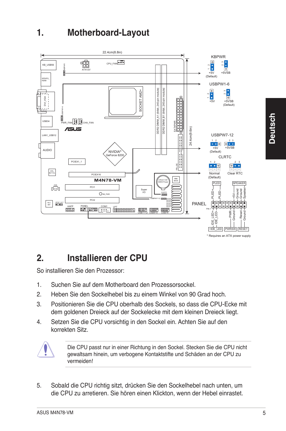 Motherboard-layout 2. installieren der cpu, Deutsch, Asus m4n78-vm | Panel | Asus M4N78-VM User Manual | Page 5 / 38