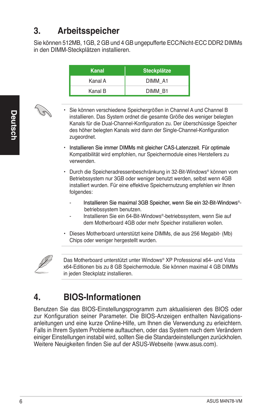 Bios-informationen, Arbeitsspeicher, Deutsch | Asus M4N78-VM User Manual | Page 6 / 38